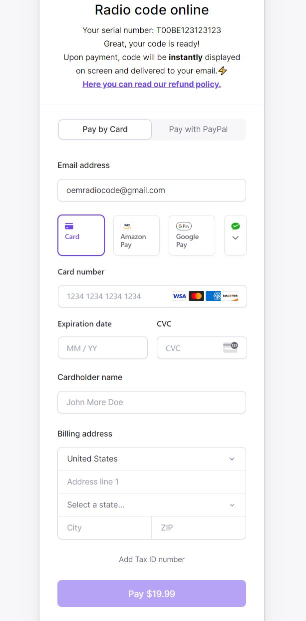 Payment method card or paypal for find radio code